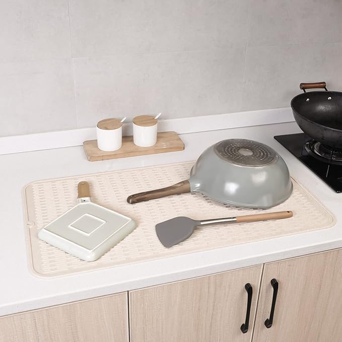 Silicone Dish Drying Mat for Multiple Usage,Easy clean,Eco-friendly,Heat-resistant Silicone Mat for Kitchen Counter or Sink,Refrigerator or Drawer Liner Tapioca 4XL 32 inches x 18 inches