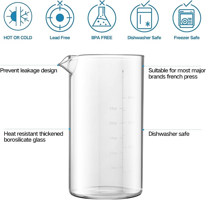 Standard Universal Design 34 oz French Press Replacement Glass Beaker, Fits Most Brands French Press Coffee Makers (1Quart / 1000ml / 5-6 Cup) Coffee Press Borosilicate Glass Water Bottle
