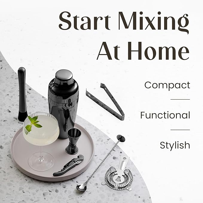 Mixology Bartender Kit: 10-Piece Bar Tool Set with Mahogany Stand | Perfect Home Bartending Kit and Martini Cocktail Shaker Set for a Perfect Drink Mixing Experience | Housewarming Gift (Gun-Metal)