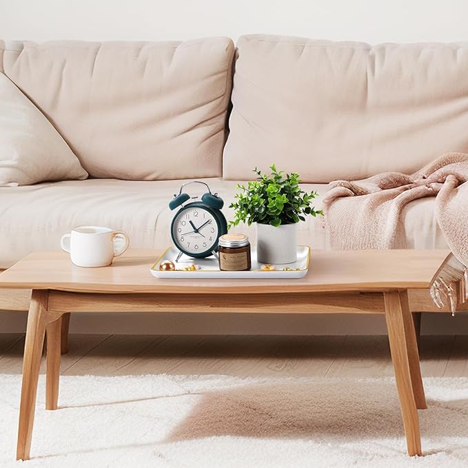 Rtteri Set of 4 Large Serving Platter Set 15/14/13/12 Inch Heavy Plastic Serving Trays Unbreakable Rectangular Platter Reusable Wood Grain Tray for Buffet Wedding Christmas Party(White and Gold)