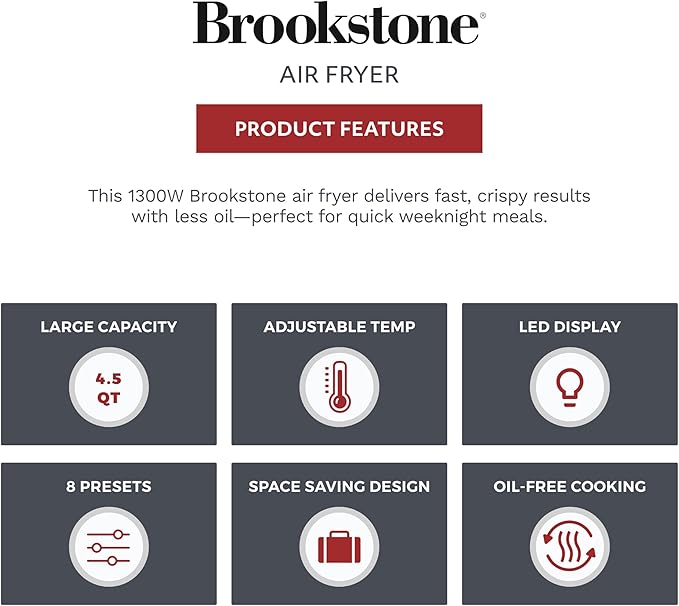 Brookstone Air Fryer – 4.5 Qt, 1300W Large Capacity Fryer with LED Display, 8 Presets, Adjustable Temp, Oil-Free Kitchen Appliance for Baking, Roasting, Frying, Healthy Crispy Meals, White