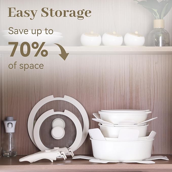 15-Piece Ceramic Nonstick Pots and Pans Set – Kitchen Cookware with Detachable Handle, RV Camping Cookware Set – Oven & Dishwasher Safe, PFOA-Free – Cream White