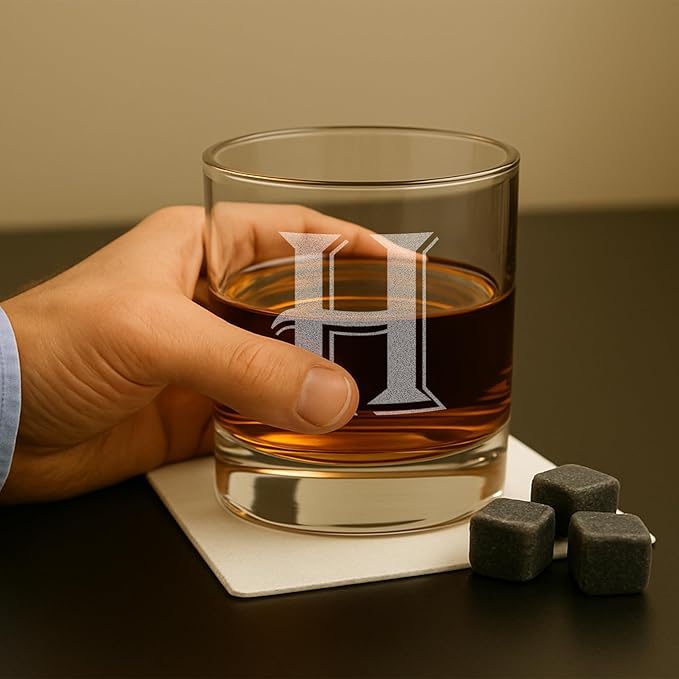 On The Rox Drinks [H-Monogram] - 4 Piece Set of 11 Ounce Engraved Heavy Base Rocks Whiskey Bourbon Glasses Elegant Glass-Multi-Purpose Beverage-Rocks Glass- Ideal Gift for any Occasion