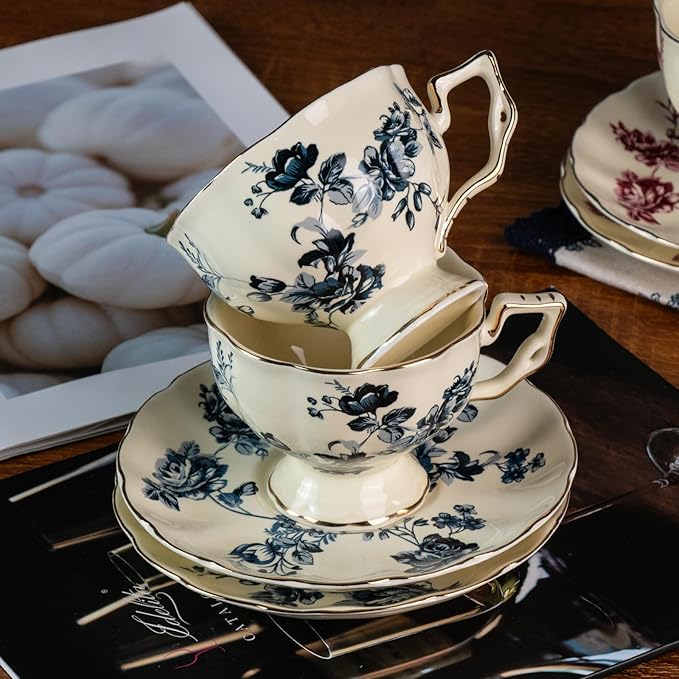 KAMMAK Tea Cups and Saucers Set of 2, Porcelain Coffee Cups, 6.8-Ounce Stackable Espresso Mugs, Ceramic Demitasse for Coffee, Latte, Americano, Tea, Blue Orchid