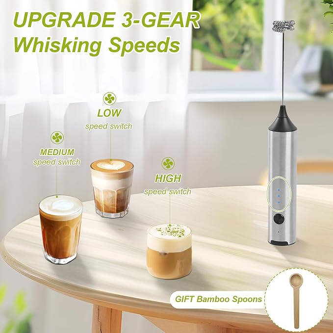 Electric Milk Frother Handheld with Small Wooden Spoon, Mini Coffee Frother Wand Rechargeable 3-Speed Drink Mixer Stainless Steel Matcha Whisk For Latte, Matcha Powder, Cappuccino, Hot Chocolate, Egg