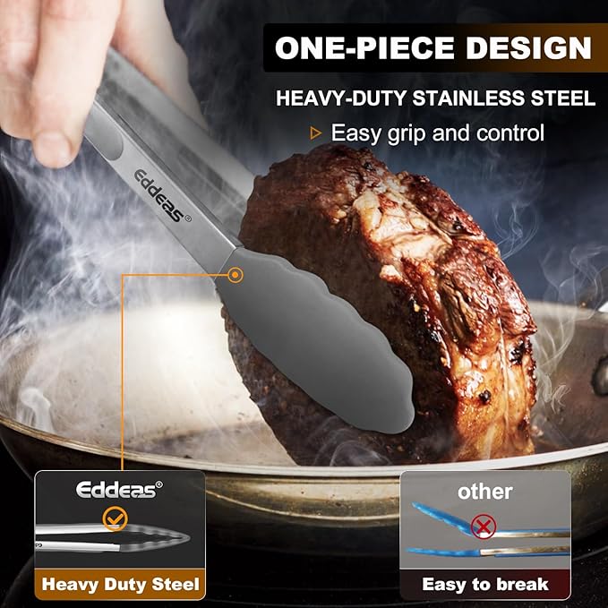 Kitchen Tongs with Silicone Tips - Heat Resistant 600 Degrees Stainless Steel Locking Cooking Tongs with Rubber Tips, Non-Stick Food Tongs for Cooking, Heavy Duty, Set of 3-7" 9" and 12" Grey