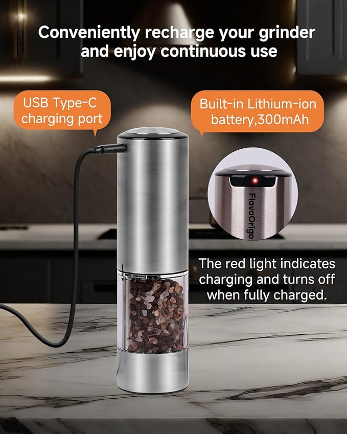 USB-C Rechargeable Electric Salt & Pepper Grinder Set - External Adjustable Coarseness (6 Settings), Large Capacity, Dual-Speed Control, One-Hand, LED, Stainless Steel (2 Pack)