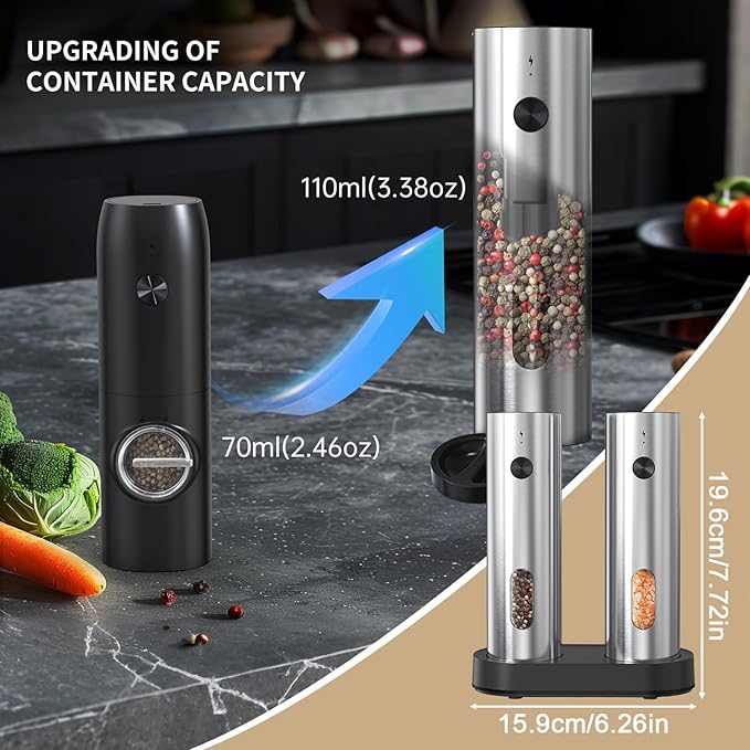 Electric Salt and Pepper Grinder Set with Charging Base，Stainless Steel Automatic Pepper Grinder Set Top-Refill, Flexible Coarsenes, 110ml Larger Capacity with LED Light for Home Kitchen (2 pack)