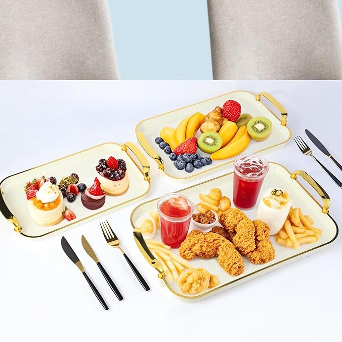 3 Pack Serving Tray with Handles, Stackable Reusable Trays for Serving Food, Plastic Serving Platters for Party, Charcuterie, Fruit, Appetizer, Cream Gold