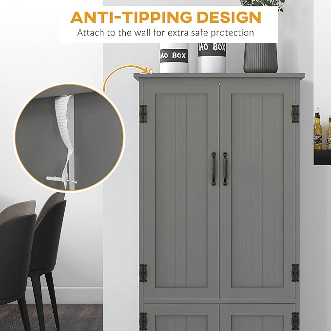 HOMCOM 48.5" Kitchen Pantry Cabinet with 2 Adjustable Shelves and 4 Beadboard Doors, Compact Farmhouse Kitchen Storage Cabinet for Dining Room, Gray
