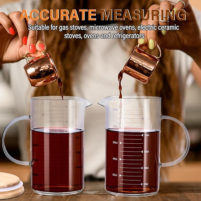 3 Pack 1000 ml Graduated Beaker Mug with Handle and Lid Borosilicate Glass Multifunction Measuring Cup Measuring Pitcher for Baking, Cooking, Pouring Liquid, 33.8 oz