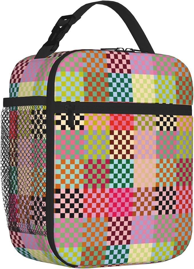 Multicolor Checkered Insulated Lunch Box – Reusable Colorful Checkerboard Lunch Bag for Adults & Kids, Portable Leakproof School Lunch Tote with Detachable Handle