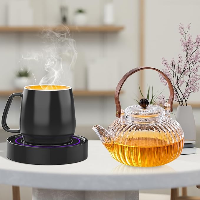 Coffee Warmer with Mug Set - Electric Beverage Cup Warmer for Desk Office Home Use, Candle Warmer Heating Plate with Gravity Switch Auto Shut Off (Up to 131F/55C), 12oz (Purple Set)