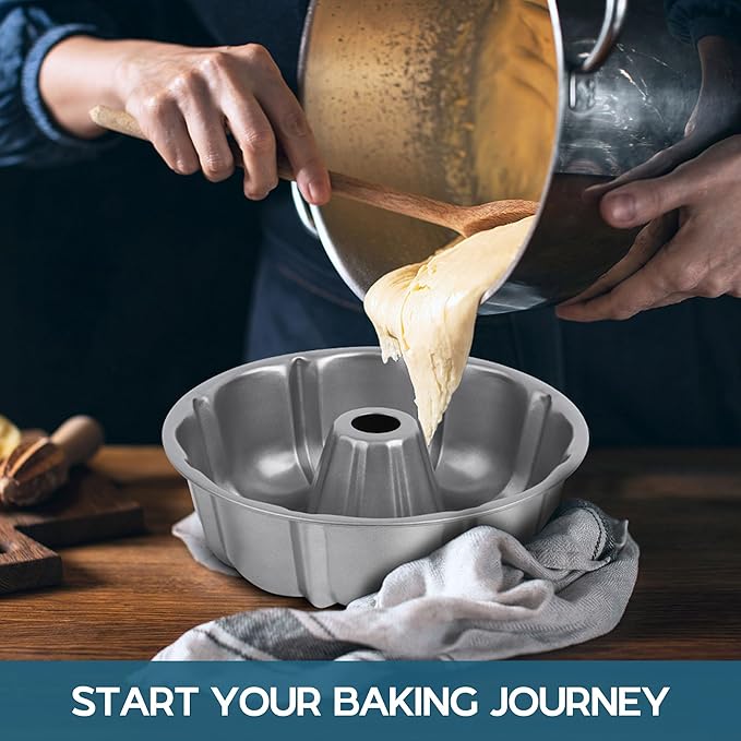 Onader 10 Inch Nonstick Cake Pan, 2 Pack Round Fluted Tube Pans for Baking Pound Cake, 10 Cups Large Capacity Baking Mold, Gray