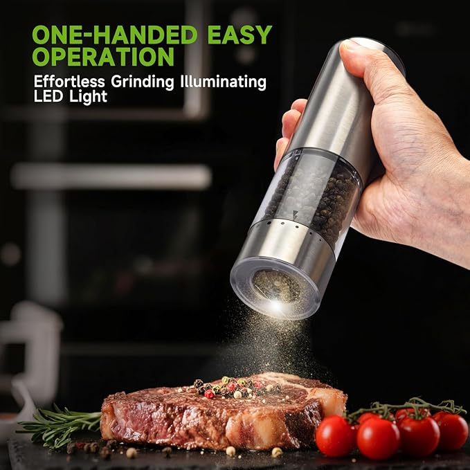 Electric Salt and Pepper Grinder Set, Rechargeable Salt and Pepper Shaker with LED light and Charging Base, Automatic Salt Pepper Mill Grinders with 6 Adjustable Coarseness, One-Hand Operation