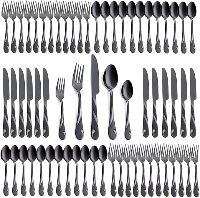 Black Silverware Set for 12, 60-Piece Stainless Steel Flatware Set, Shiny Black Metal Cutlery Set, Include Fork, Knife and Spoon Set, Dishwasher Safe