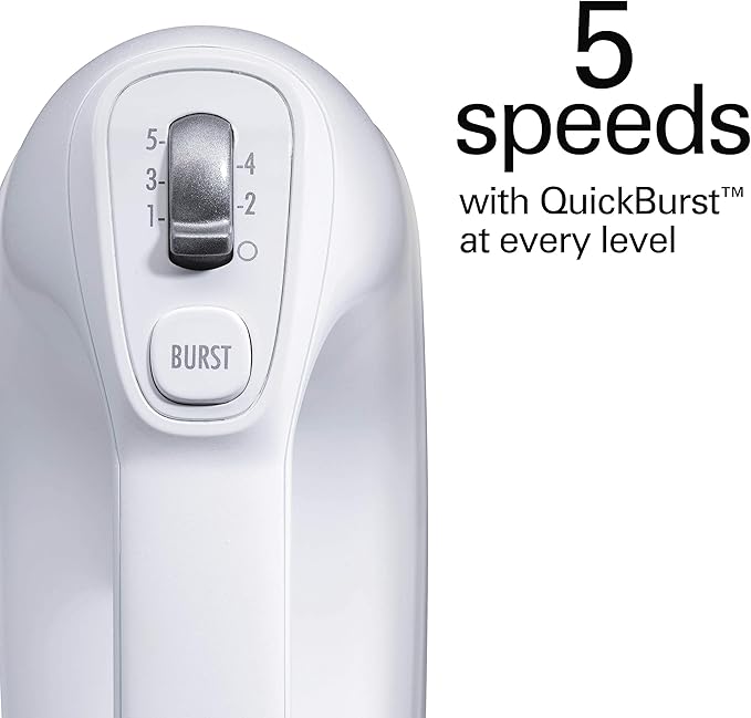 Hamilton Beach Professional 5-Speed Electric Hand Mixer with High-Performance DC Motor, Slow Start, Snap-On Storage Case, Stainless Steel Beaters & Whisk, White (62652)