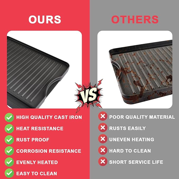 Cast Iron Reversible Griddle for Camp Chef, Universal Stove Top Griddle for Most 4 Burner Stove/Charcoal/Gas/Propane/Electric Grill Pan, Large Flat Top Plate for Outdoor Camping Accessories,16" x 24"