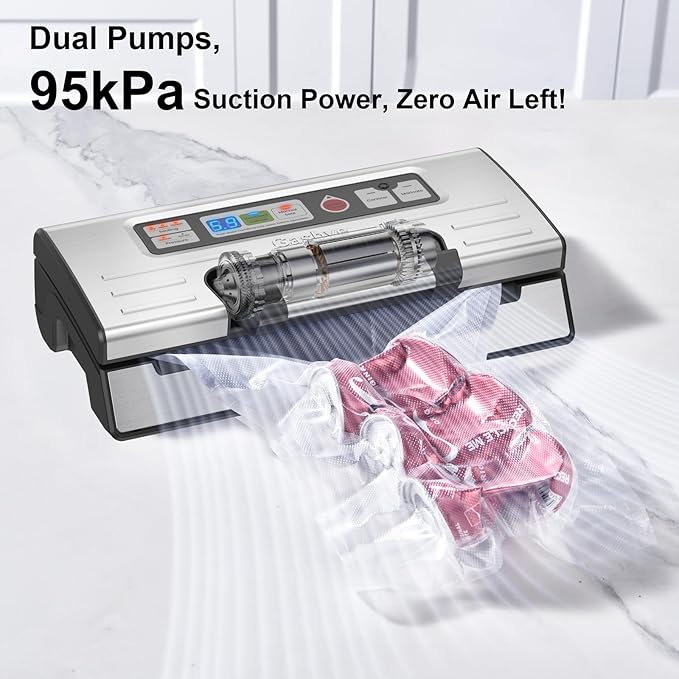 Vacuum Sealer Machine, 95kPa Food Sealer with Double Heat Seal for Dry/Moist Food, Easy-lock Handle, Built-in Bag Storage & Cutter, Progress Display, Removable Drip Tray, Silver