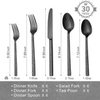 KINGSTONE 30 Pcs Black Hammered Silverware Set for 6, 18/10 Stainless Steel Heavy Duty Flatware Set, Tableware Cutlery Utensil Sets for Home Restaurant Dishwasher Safe