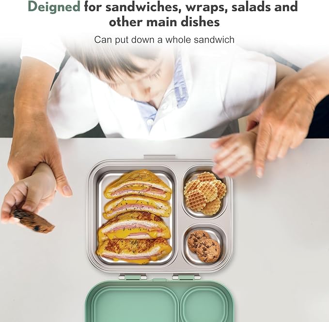 Stainless Steel Bento Box Kids, Leak Proof Metal Bento Lunch Box,3 Compartments 304 Stainless Steel Bento Lunch Containers for School and Office,Dishwasher Safe, BPA-Free(Green)