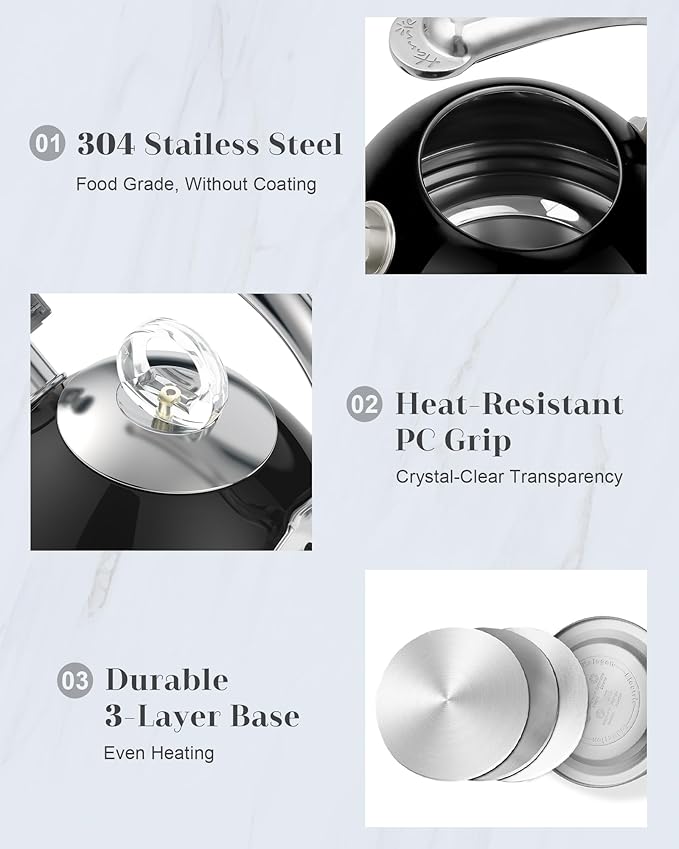 Harriet Tea Kettle Stovetop, 2.5 QT Whistling Stainless Steel Teapot, 3-Layer Base, Unique Ergonomic Handle, Includes Pot Holder & Mat, Electric/Induction/Gas Stovetops Applicable, Black