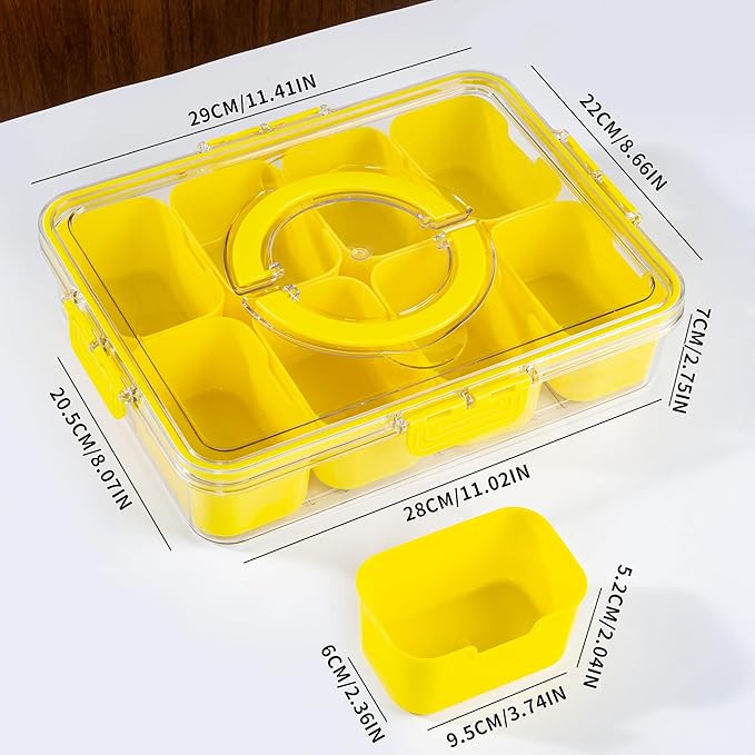 Divided Snack Serving Tray with Lid and Handle Travel Snackle Charcuterie Container Portable Storage Organizer for Candy, Fruits, Nuts, Snacks, Party, Picnic (1pack, Yellow)