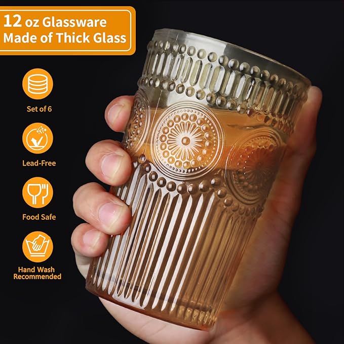 6pcs Vintage Drinking Glasses Set, 12 oz Tawny Highball Glasses, Embossed Ribbed Glassware Cups for Cocktail, Water, Juice, Coffee, Whiskey
