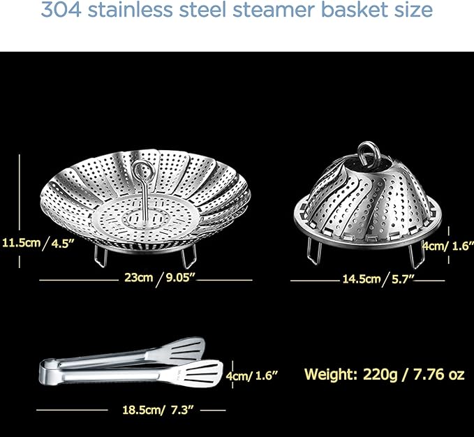 Vegetable Steamer Basket, 304 Stainless Steel Steamer for Cooking, Expendable Food Steamer to Fit Various Size Pot (5.7" to 9" + 7.3" Kitchen Tong)