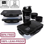 TO GO Meal Prep Bag Insulated Lunch Meals Bag W/6 Portion Control Containers,2 ICE PACKS, Shaker, Pill Box,With an Adjustable shoulder. bag for meals (Black)