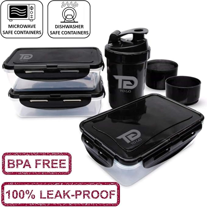 TO GO Meal Prep Bag Insulated Lunch Meals Bag W/6 Portion Control Containers,2 ICE PACKS, Shaker, Pill Box,With an Adjustable shoulder. bag for meals (Black)