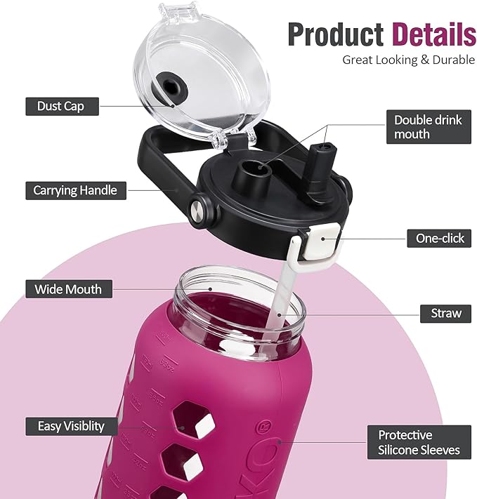 MUKOKO Half Gallon/64 oz Glass Water Bottles with Straw and Lid,Motivational Water Jug with Time Marker Reminder and Silicone Sleeve,100% Leakproof BPA Free Fitness Sports Large Bottle-Rose