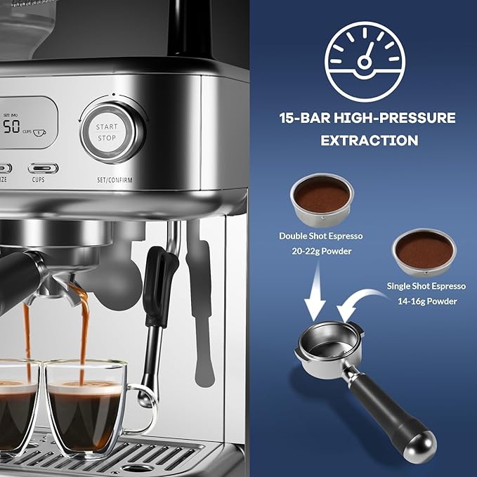 Automatic Espresso Coffee Machine with Grinder, Steam Milk Frother, LCD Display, 78 OZ Removable Water Tank for Cappuccino and Latte