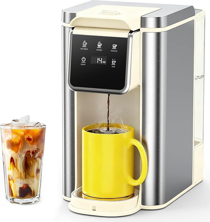 Single Serve Coffee Maker for K-Cup Pod and Grounds, Hot and Iced Coffee Maker, 6 to 14oz Brew Sizes, 50oz Removable Reservoir, Strong Button Feature, Fit 6.5" Mugs, Stainless Steel, Off-White