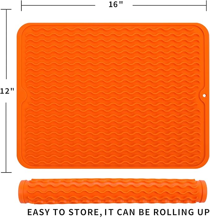 Silicone Dish Drying Mat for Multiple Usage,Easy clean,Eco-friendly,Heat-resistant Silicone Mat for Kitchen Counter or Sink,Refrigerator or drawer liner Orange L 16 inches x 12 inches