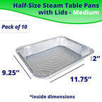 IDL Packaging Half-Size Aluminum Steam Table Pans with Lids - Medium, 13" x 11" x 2" (pack of 10) - Disposable Foil Pan for Grilling, Roasting, BBQ, Cooking, Baking, Freezing