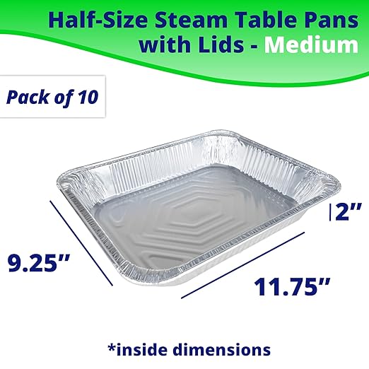 IDL Packaging Half-Size Aluminum Steam Table Pans with Lids - Medium, 13" x 11" x 2" (pack of 10) - Disposable Foil Pan for Grilling, Roasting, BBQ, Cooking, Baking, Freezing