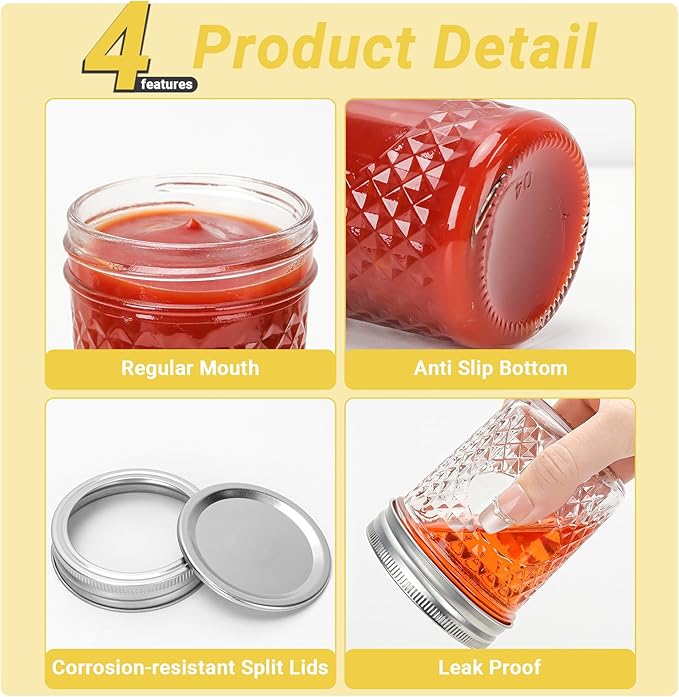 6 oz Glass Mason Jars, 30 Pack Regular Mouth Glass Canning Jars with Silver Aluminum Lids and Bands, Airtight Jam Jars for Food Storage, Pickling, Fermenting, Honey, Jelly, DIY Candles Decor