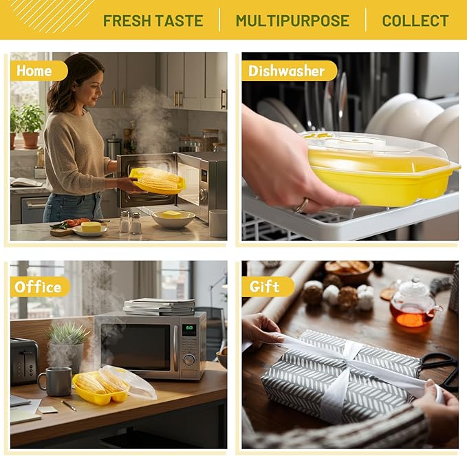 1 Pcs Microwave Corn Steamer with Lid for Frozen Corn Broccolini Vegetables on The Cob, Fast & Easy, 2 Pcs at Once, Vented Lid, Dishwasher Safe, Microwave Dishes Steamer Kitchen Tool (Yellow)