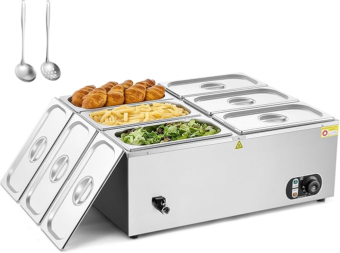 WILPREP Commercial Food Warmer with Six 1/3 Pans, 1500W Countertop Electric Warmer, 86-185°F Adjustable Temp Control & Over-Temp Protection, Stainless Steel Buffet Bain Marie