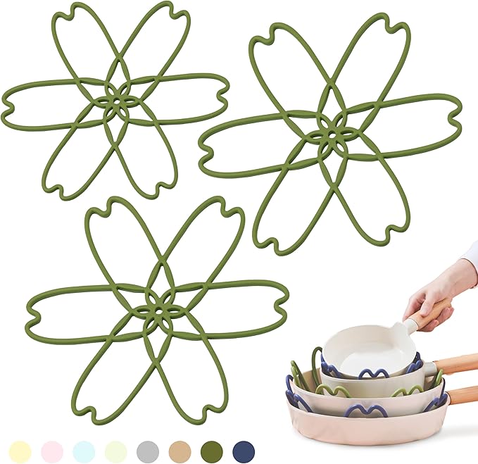 iPROTECT - Stack Expert | Multi-Purpose BPA-Free Silicone Pans & Pots Protector. Set of 3. Trivets for All Cookware Sizes, Protects Coating & Scratches, Dishwasher Safe (Matcha Green, S&L)