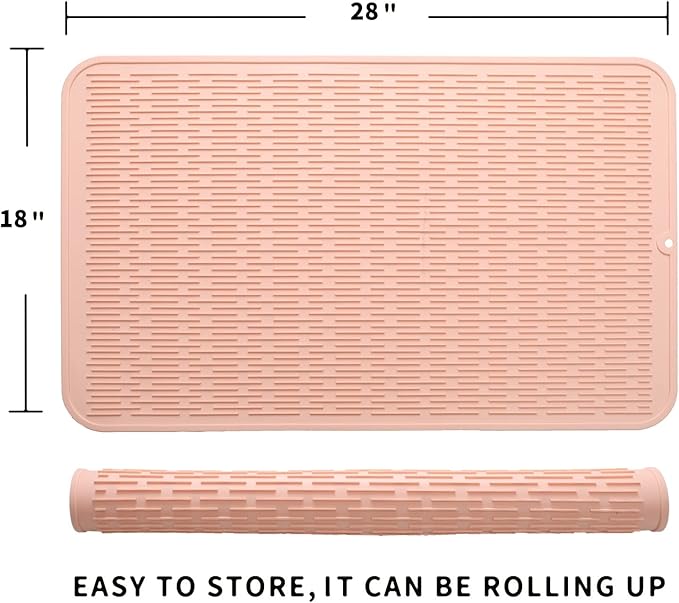 Silicone Dish Drying Mat for Multiple Usage,Easy clean,Eco-friendly,Heat-resistant Silicone Mat for Kitchen Counter or Sink,Refrigerator or Drawer Liner Pink 3XL 28 inches x 18 inches