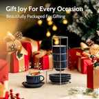 Sweese 4 Ounce Porcelain Stackable Espresso Cups with Saucers and Metal Stand Set of 4, Navy