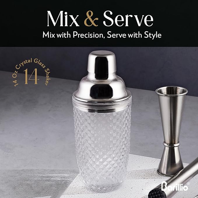 Barillio 14 oz Glass Cocktail Shaker | Cobbler Mixer with Built-In Strainer, Leak-Proof Clear Martini Shaker for Single-Serve Drinks