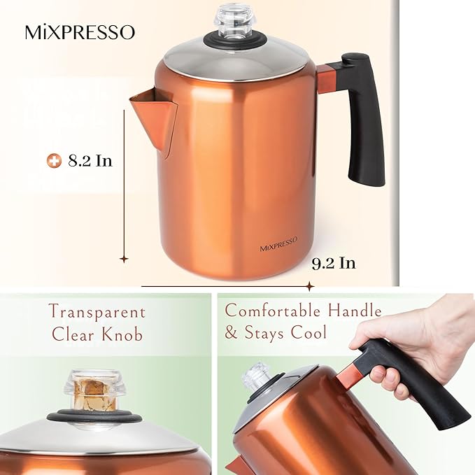 Mixpresso Copper Stainless Steel Coffee Percolator Stovetop, 37oz Classic Percolator Coffee Pot, Great For Camping Pot, 5-8 Cup Stove Top Espresso Maker, Cool-Touch Handle