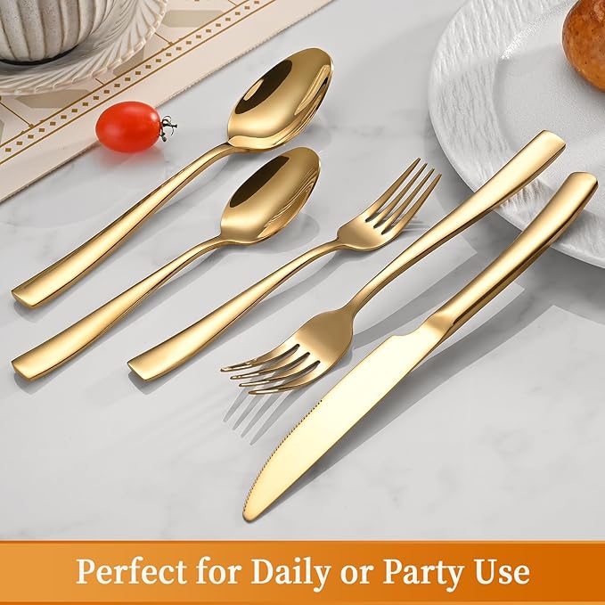 20-Piece Gold Silverware Set, Heavy Duty Stainless Steel Flatware Cutlery Set Service for 4, Food-Grade Utensil Sets for Home Restaurant, Dishwasher Safe