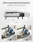 SUNLY Expandable Dish Drying Rack, Versatile Brackets for Pots & Pans, Space Saving Kitchen Drying Rack, Dish Racks for Kitchen Counter, Stainless Steel Dish Drainers with Extendable Spout, Black
