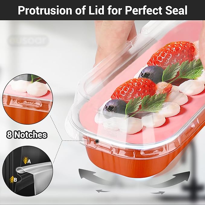 EUSOAR Dessert Cups with Lids, 100pcs 6.8oz Rectangle Cupcake Cups Aluminum Foil Ramekins, Disposable Cake Containers Souffle Holders Muffin Wrappers Creme Brulee Tins for Birthday Wedding Party