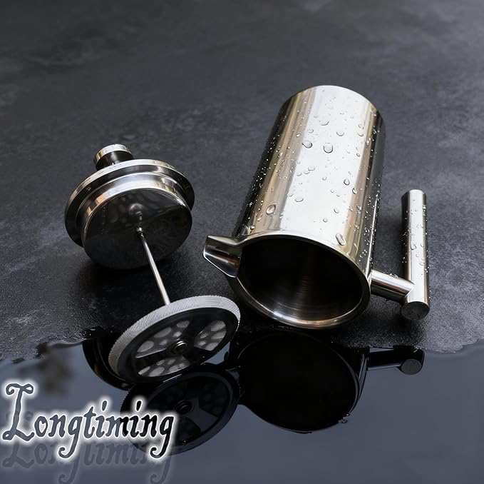 French filter coffee machine 34 ounces, double insulated, easy to clean, durable, Camping coffee makers, Brew Coffee On Stovetop，suitable for home and camping, silver.