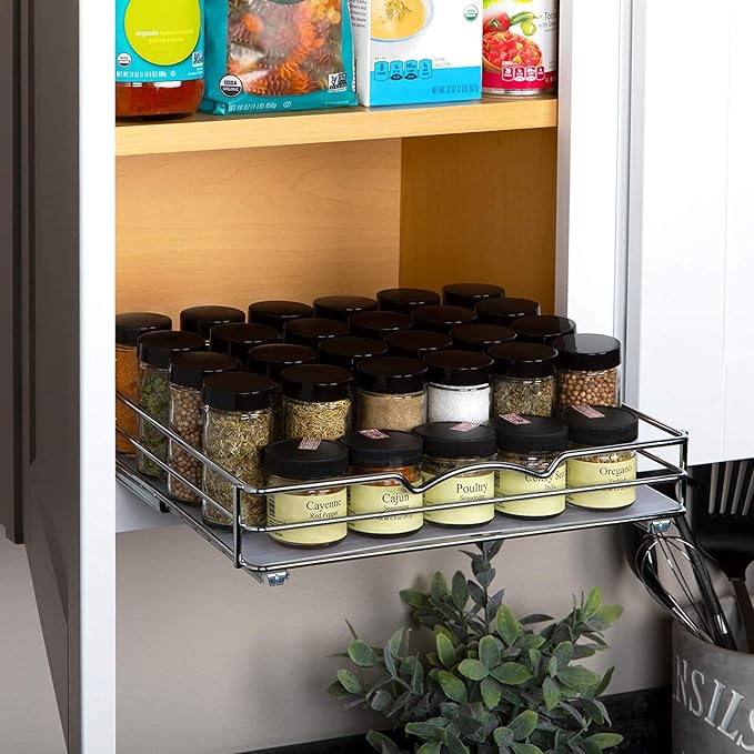 Pull Out Cabinet Organizer for Spices, Cans - Heavy Duty with Lifetime Limited Warranty- Pull Out Spice Rack- Cabinet Pull Out Shelf for Cans,Dishes, Etc, 12-3/8"Wx 10-3/8"D x 2-3/4” H, Chrome